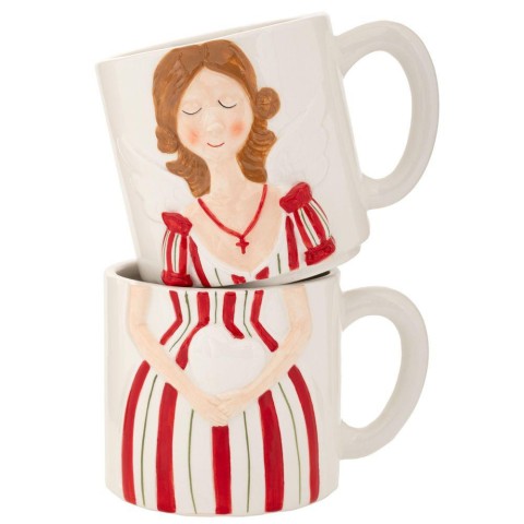 SET2 TAZZE IN CERAMICA BIANCA CON FATA ROSSA 13X10X18CM.